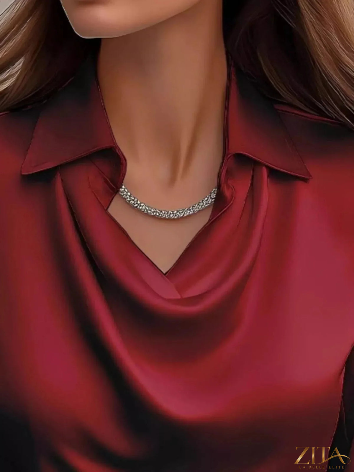 Zita La Belle Elite full size satin cowl neck long sleeve blouse, plus size, with draped neckline and smooth fabric.
