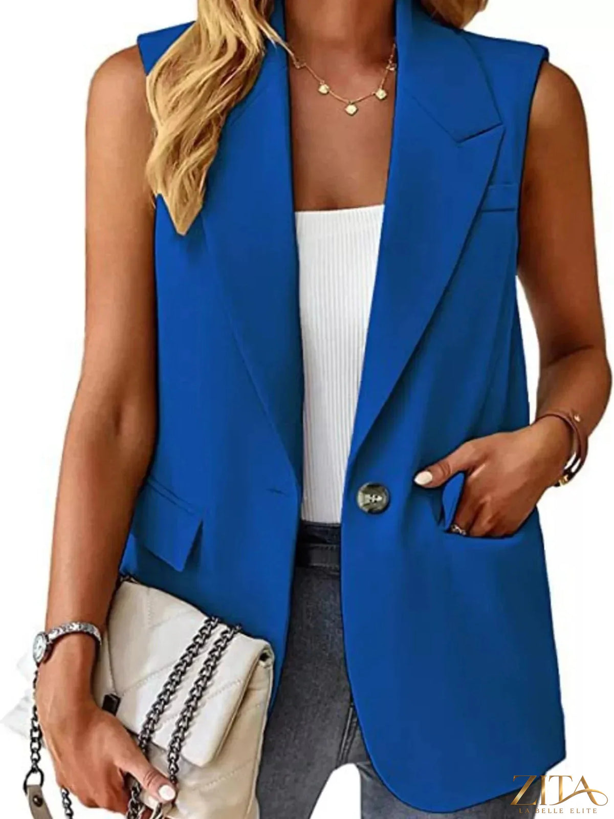 Plus size Zita La Belle Elite vest coat with a lapel collar and single-button front, shown in full size on a plain background.