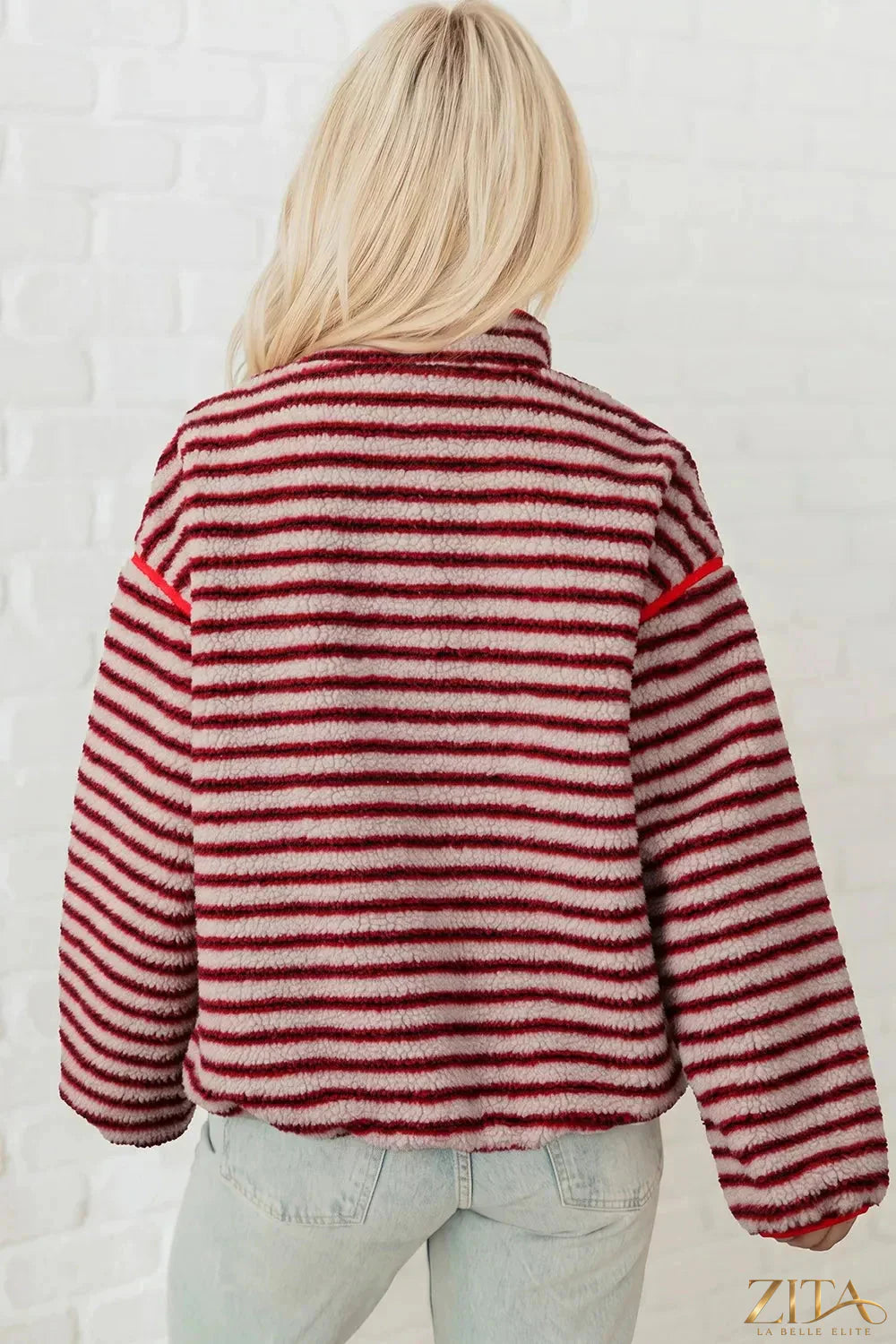 Zita La Belle Elite striped fuzzy colorblock sweatshirt with button placket, featuring soft cozy fabric and vibrant stripe pattern.
