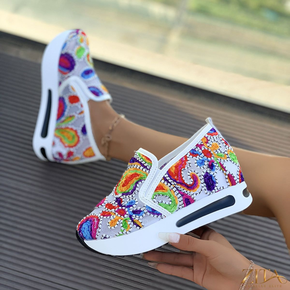 Zita La Belle Elite printed platform round toe sneakers with bold design and thick sole, stylish footwear for casual wear
