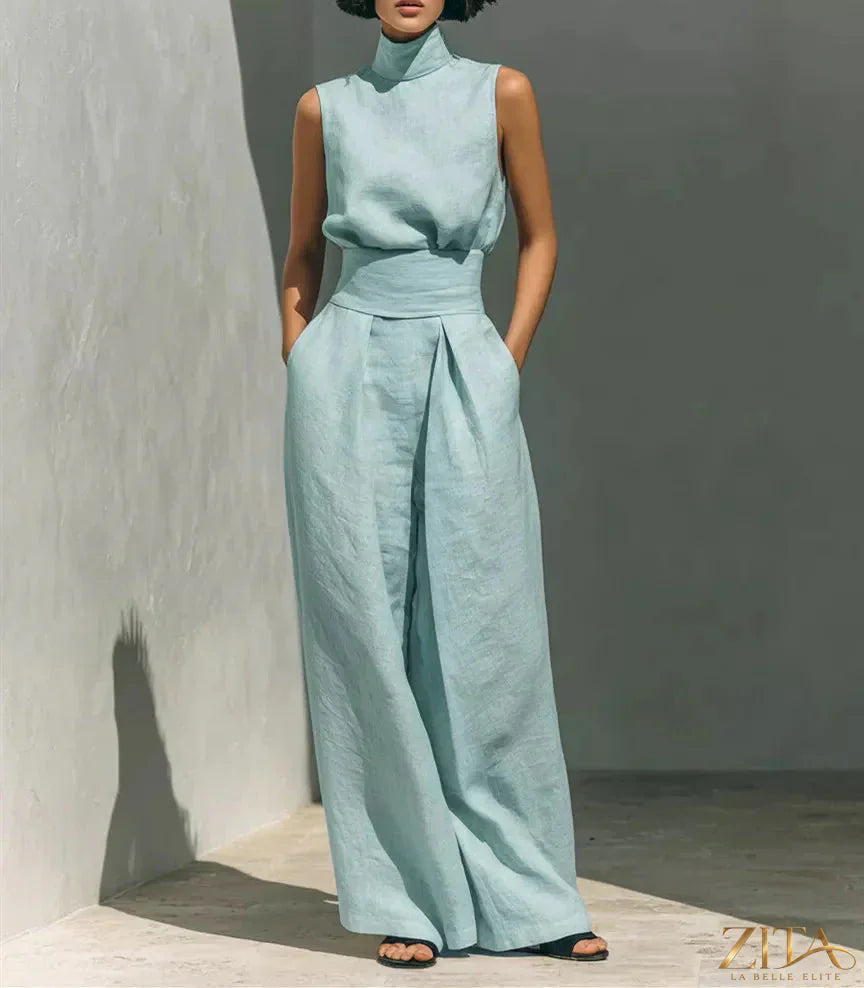 Plus size Zita La Belle Elite sleeveless turtleneck top and wide-leg pants set, shown in a full view with a modern style.