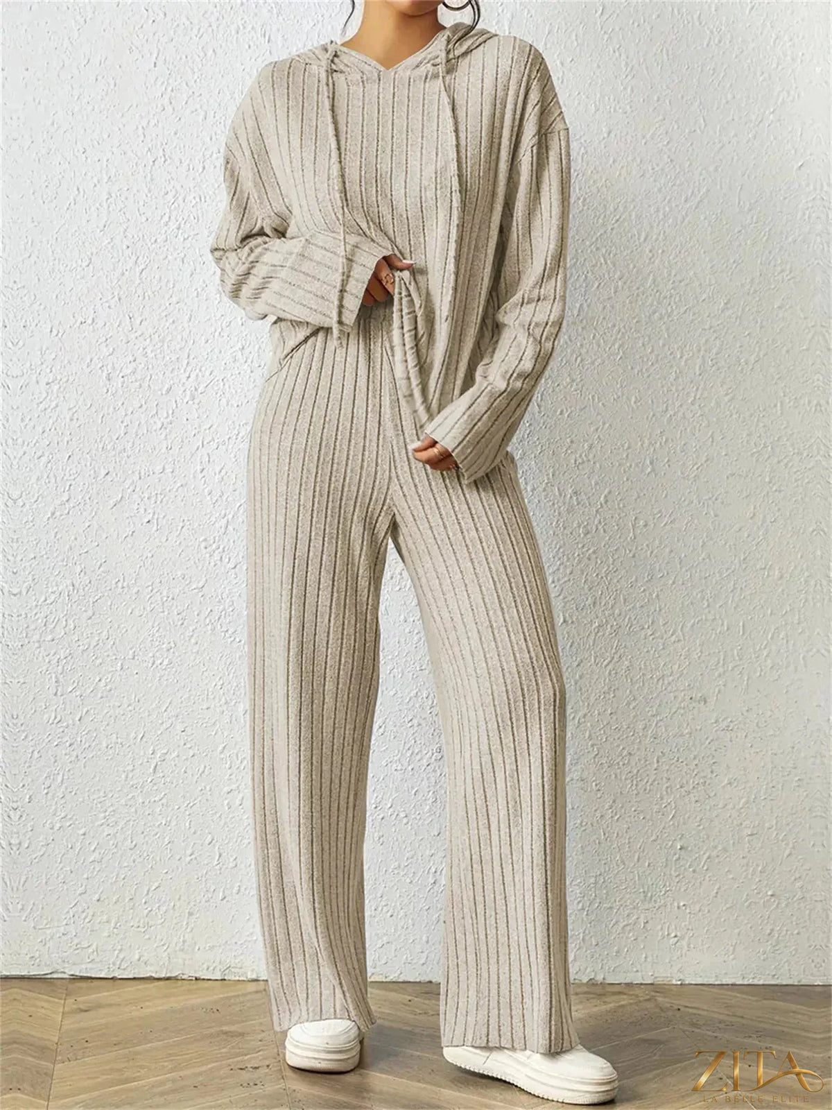 Zita La Belle Elite ribbed drawstring hoodie and pants set, casual loungewear with textured fabric and adjustable waistband.