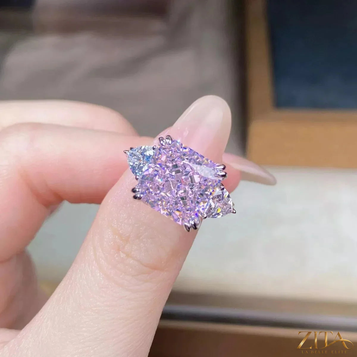 Sterling silver zircon geometric ring with modern design, featuring sparkling zircon stones and a sleek, minimalist style.