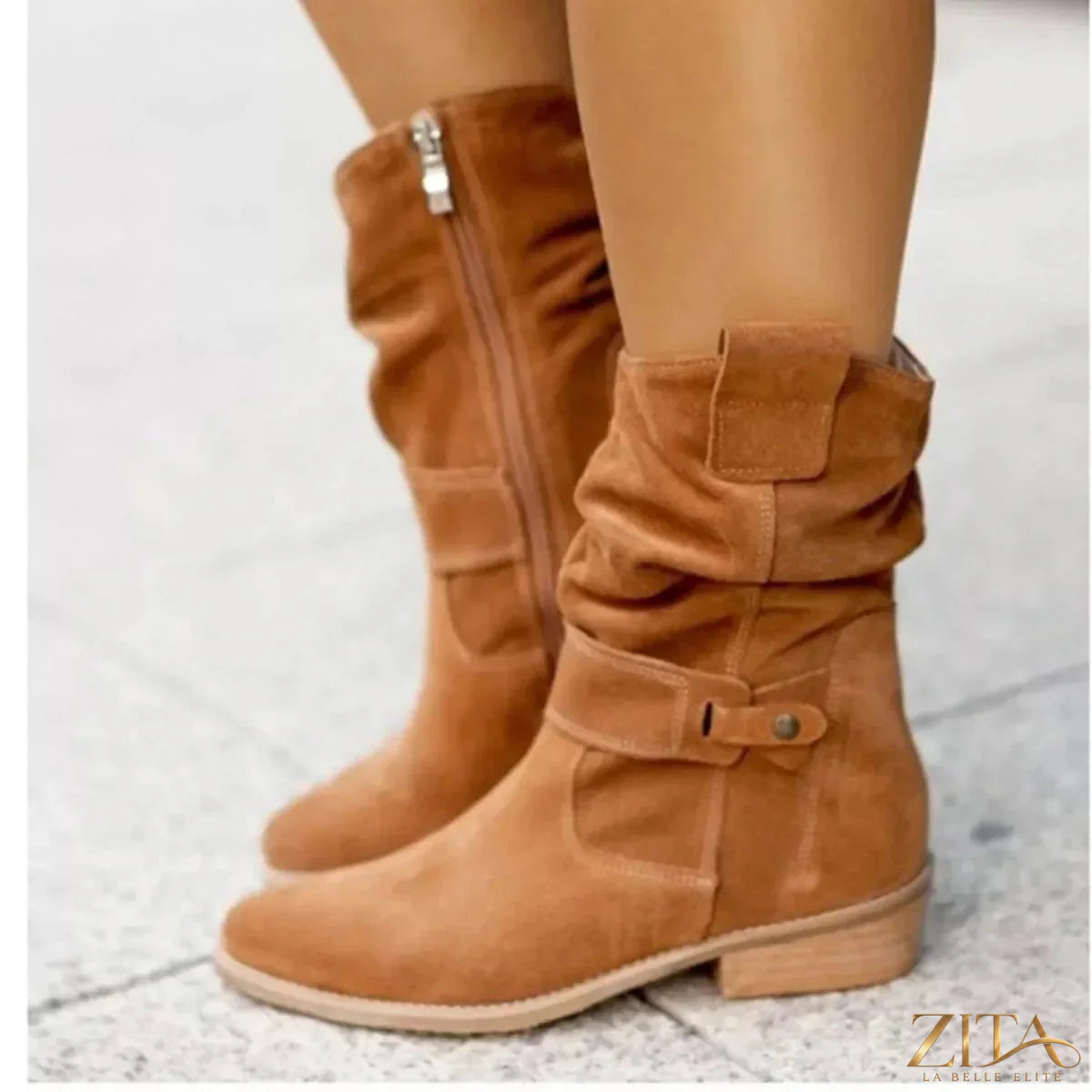 Zita La Belle Elite suede mid-calf boots with block heels and rounded toes, stylish footwear for fall and winter outfits.