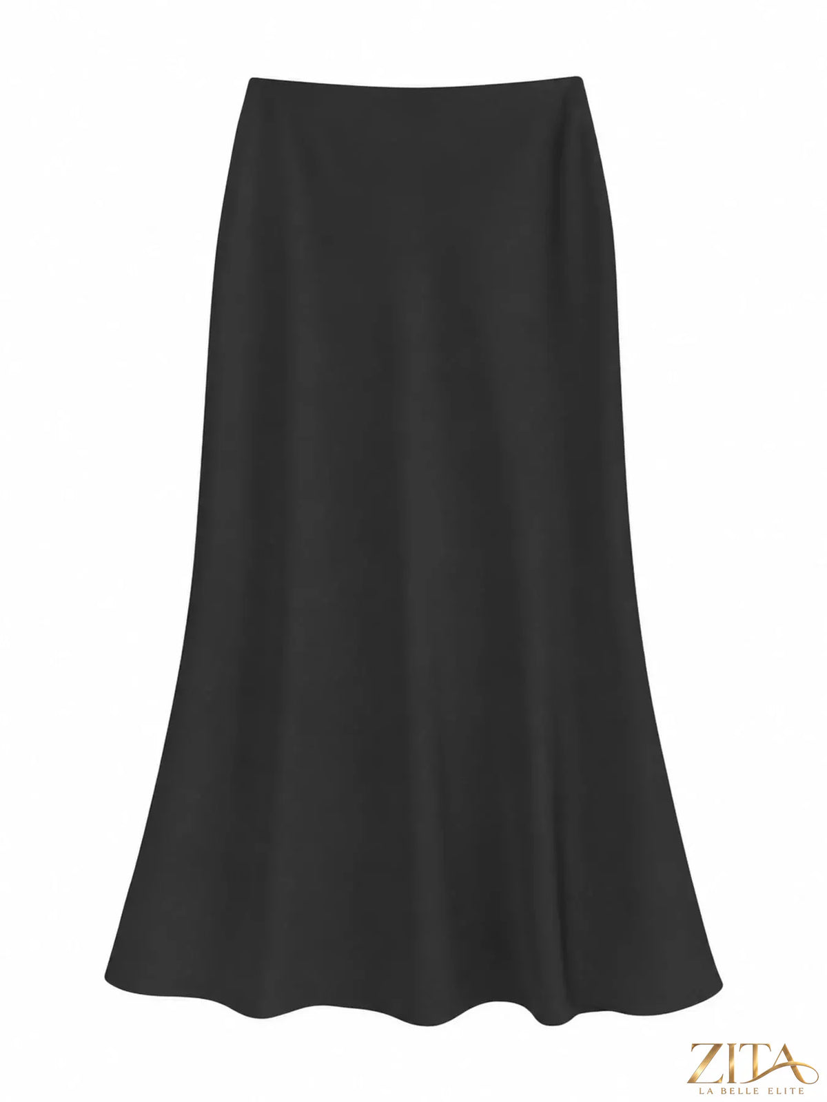 Full size high-waisted satin midi skirt in plus size, featuring a smooth, shiny fabric and elegant silhouette.