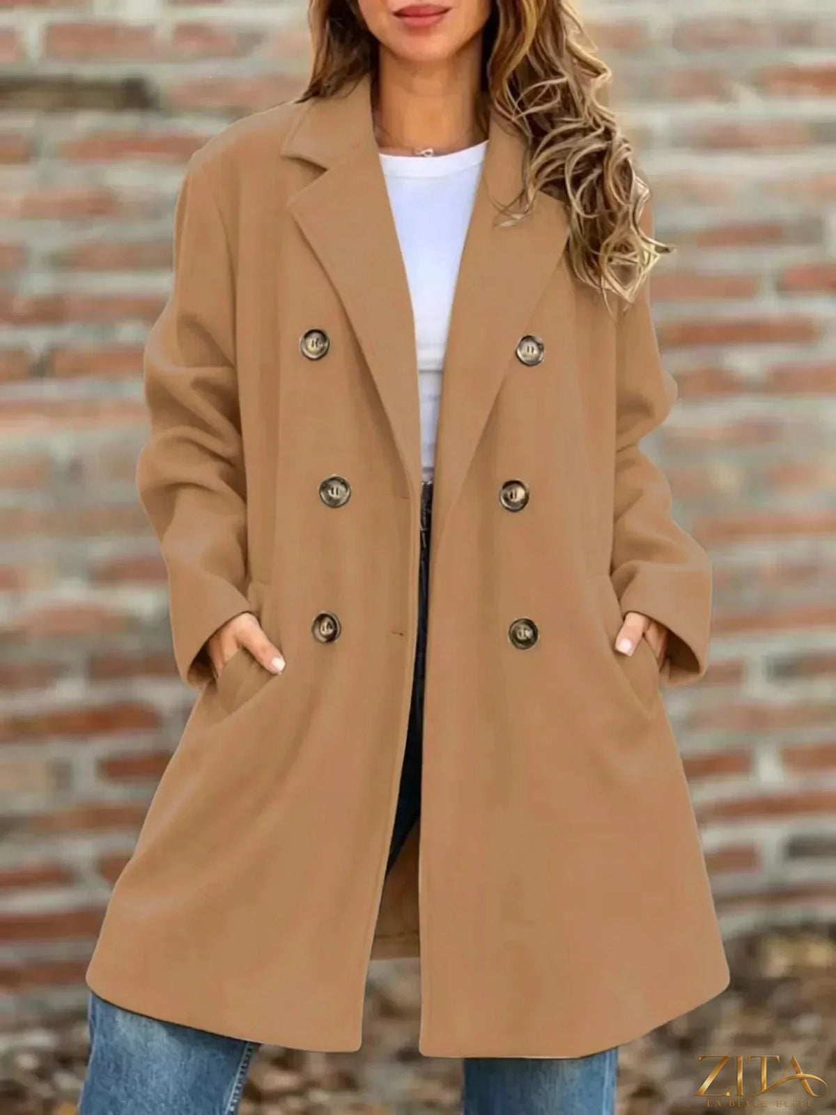 Plus size double-breasted coat with lapel collar by Zita La Belle Elite, shown in a full-length view.