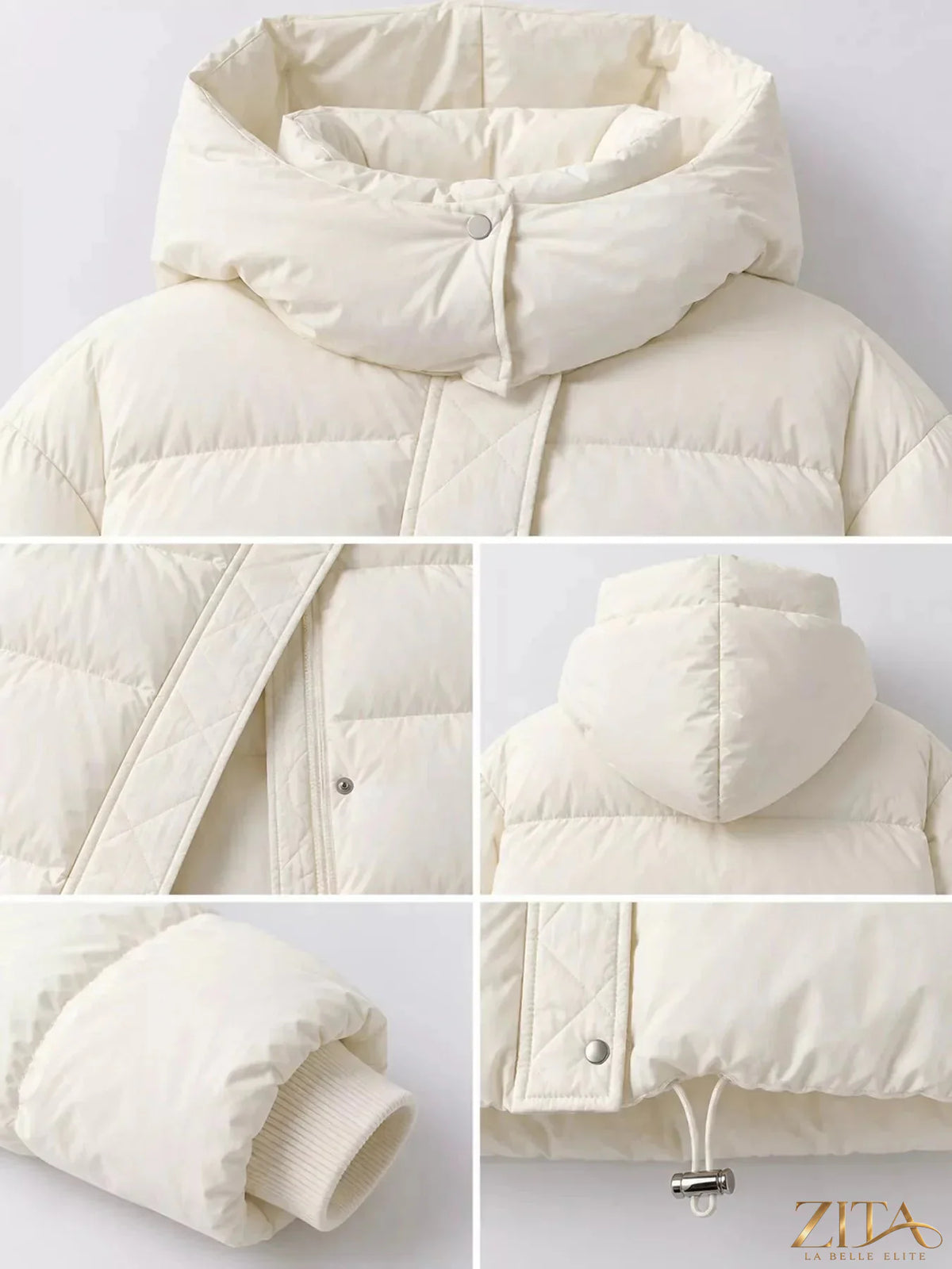Zita La Belle Elite quilted hooded puffer jacket with a shiny quilted design and adjustable hood, suitable for cold weather.