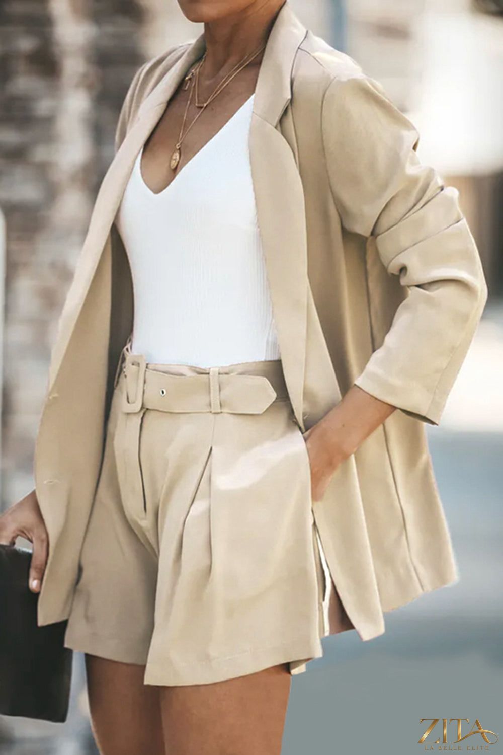 Zita La Belle Elite longline blazer and shorts set with pockets, tailored fit, in a stylish, modern look.