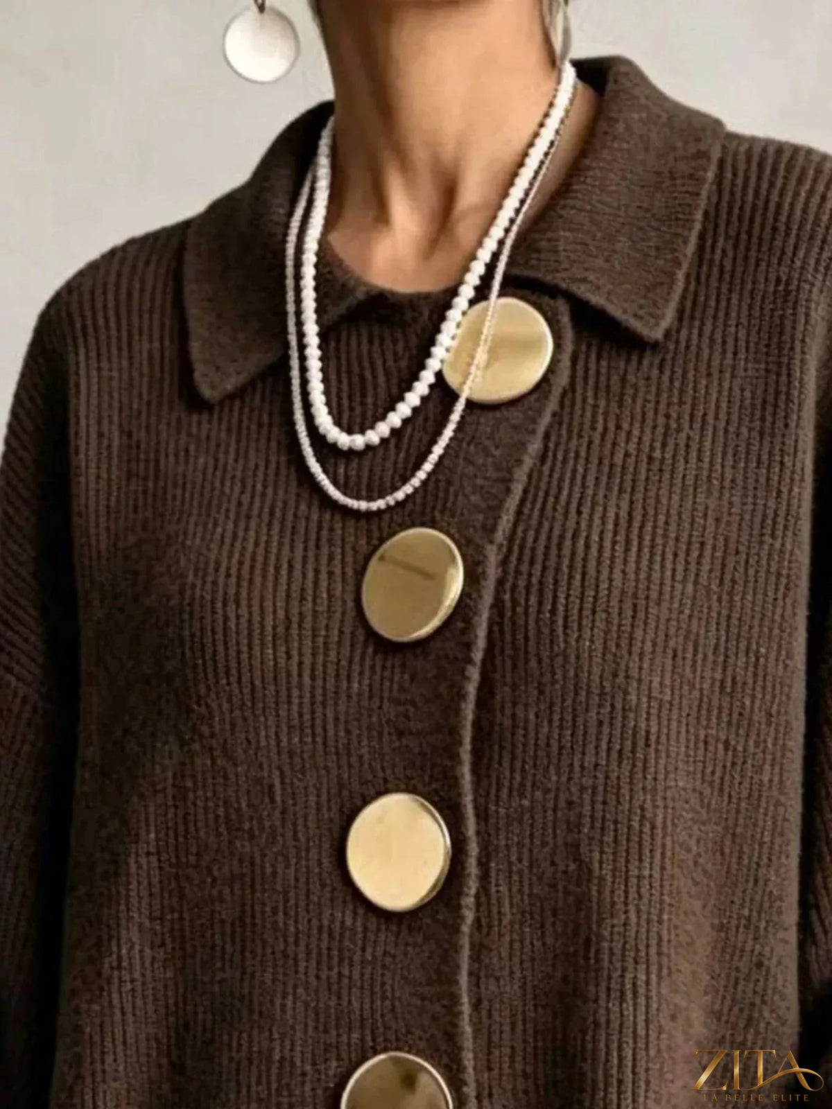 Plus size ribbed knit cardigan by Zita La Belle Elite with gold buttons, featuring a full-length design and cozy textured fabric.