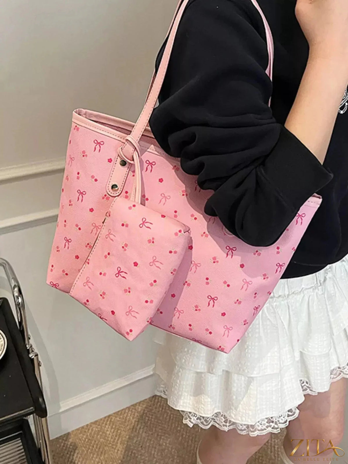 Printed tote shoulder bag with matching pouch by Zita La Belle Elite, featuring colorful floral design and sturdy handles.