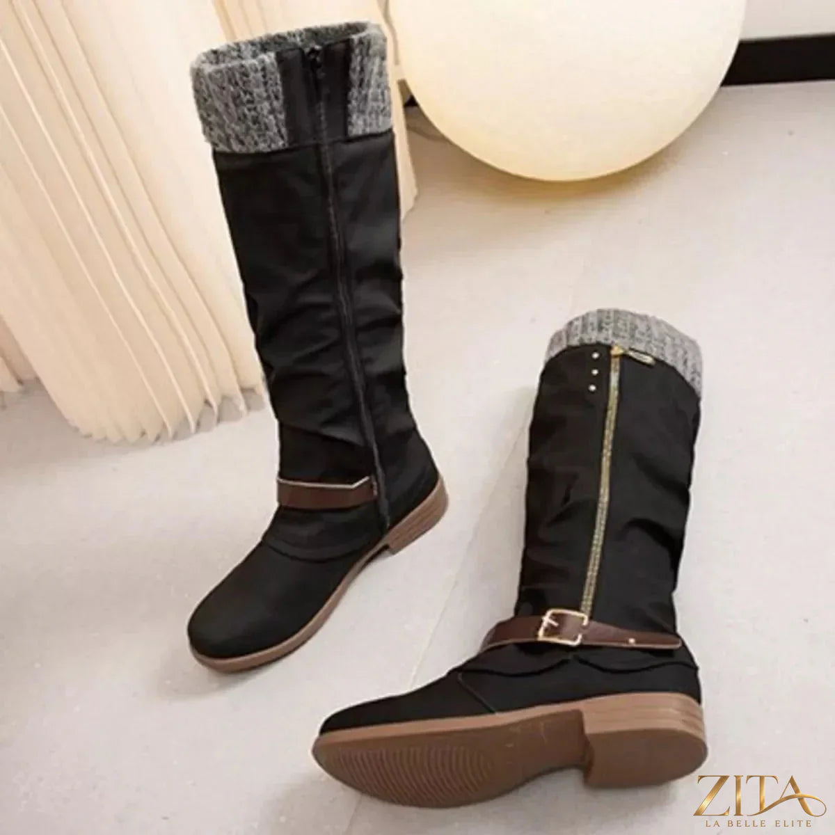 Zita La Belle Elite knee-high slouch boots with knit cuff, stylish black leather with relaxed, slouchy fit and cozy knit detail at the top.