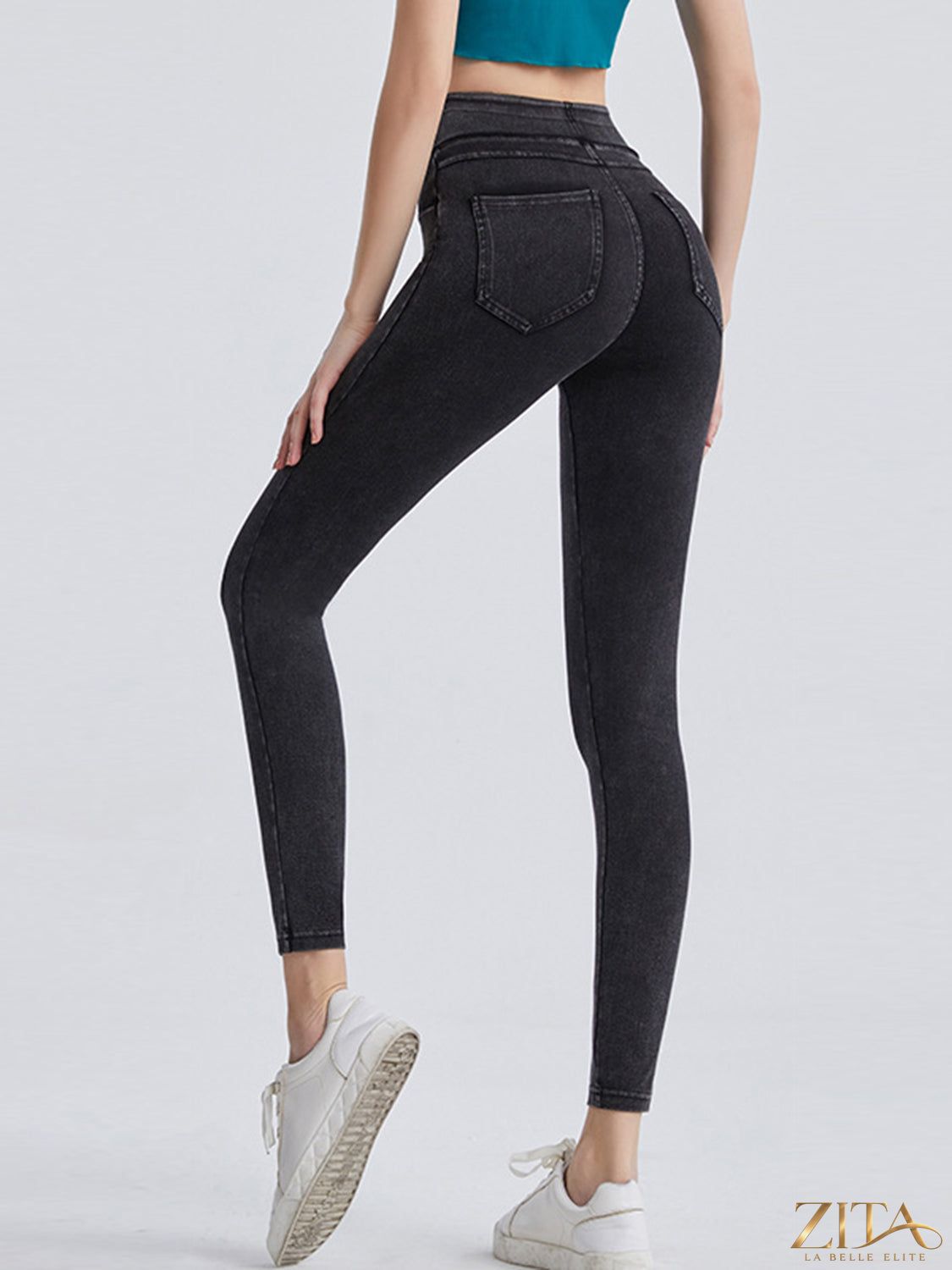 Trendsi wide waistband sports leggings in black, featuring a high-rise fit and stretchy fabric for active wear.