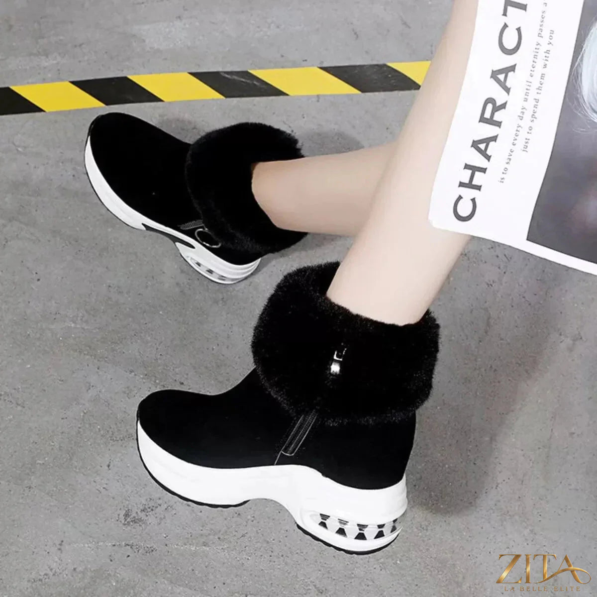 Zita La Belle Elite fuzzy side zipper platform ankle boots with chunky heel and sleek design.