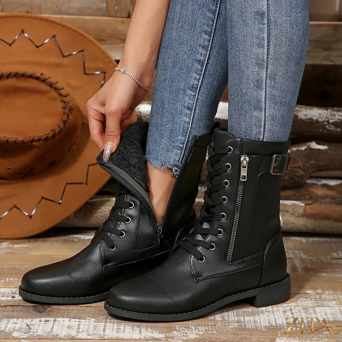 Zita La Belle Elite round toe lace-up block heel boots with a sleek design and sturdy heel for stylish everyday wear.
