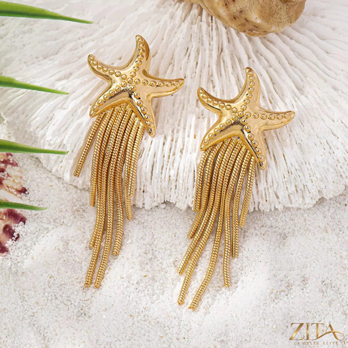 Gold-plated starfish fringe drop earrings by Zita La Belle Elite featuring delicate starfish charms and elegant fringe details