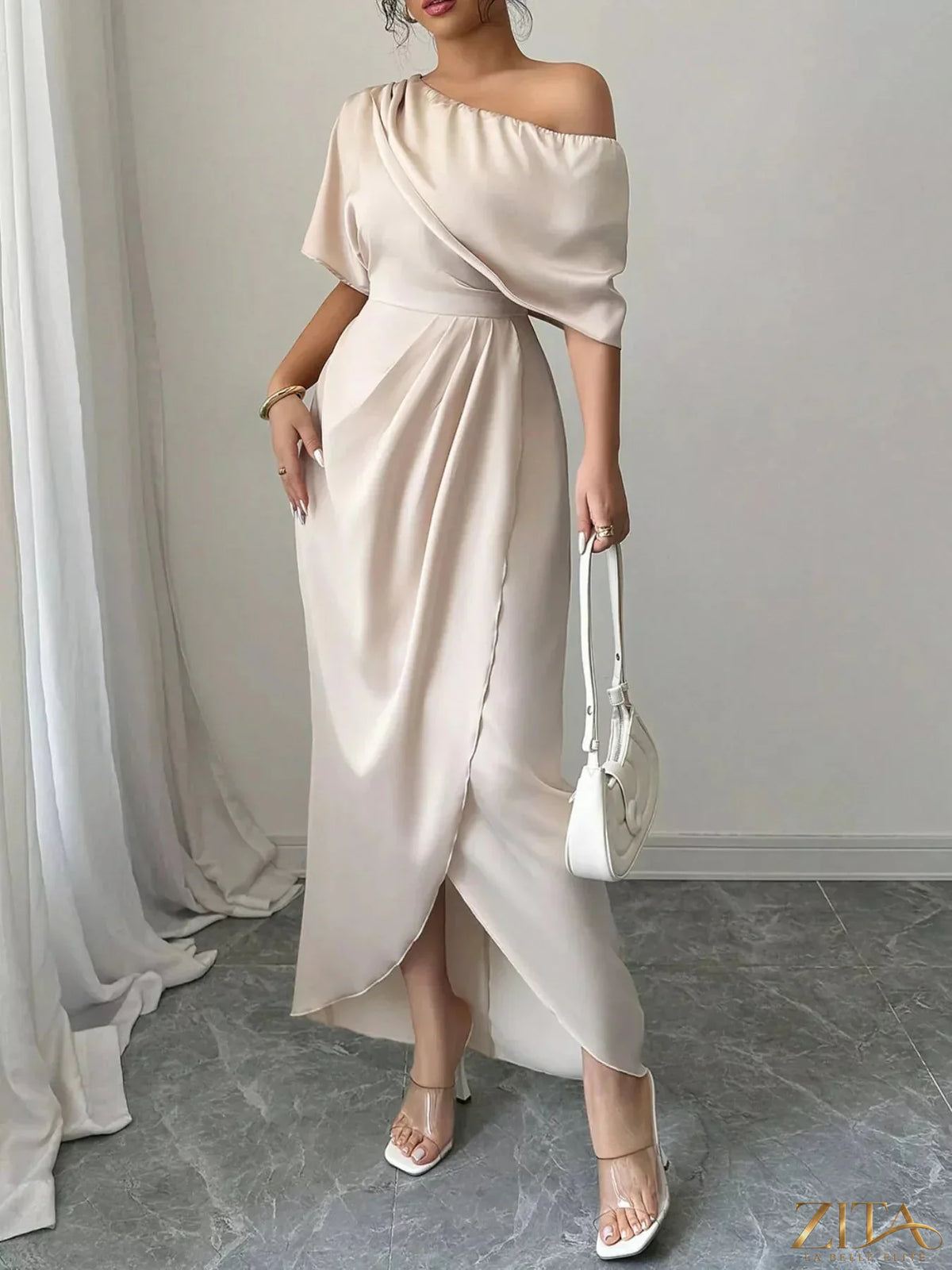 Elegant one-shoulder satin maxi dress by Trendsi, flowing fabric with a sleek silhouette, perfect for formal occasions.