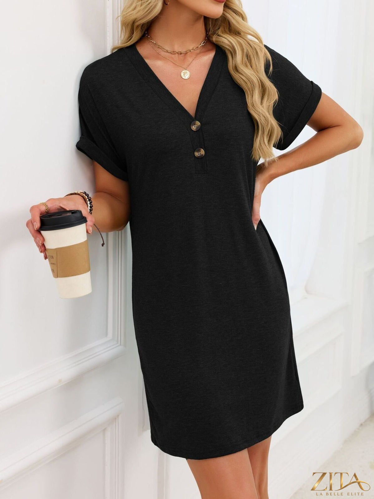 Zita La Belle Elite casual V-neck short sleeve T-shirt dress in soft fabric, relaxed fit, and stylish design for everyday wear.