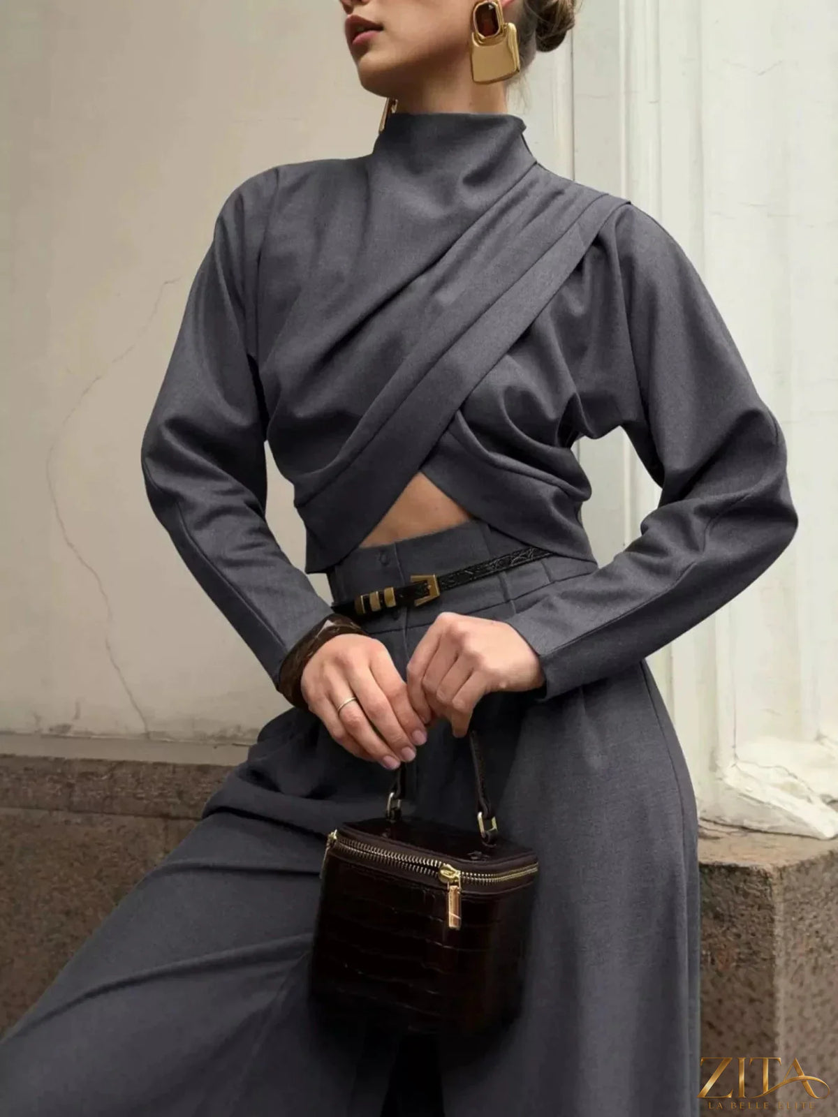 Zita La Belle Elite draped crop top and wide-leg pants set, stylish and comfortable clothing ensemble, shown on a model against a neutral background.
