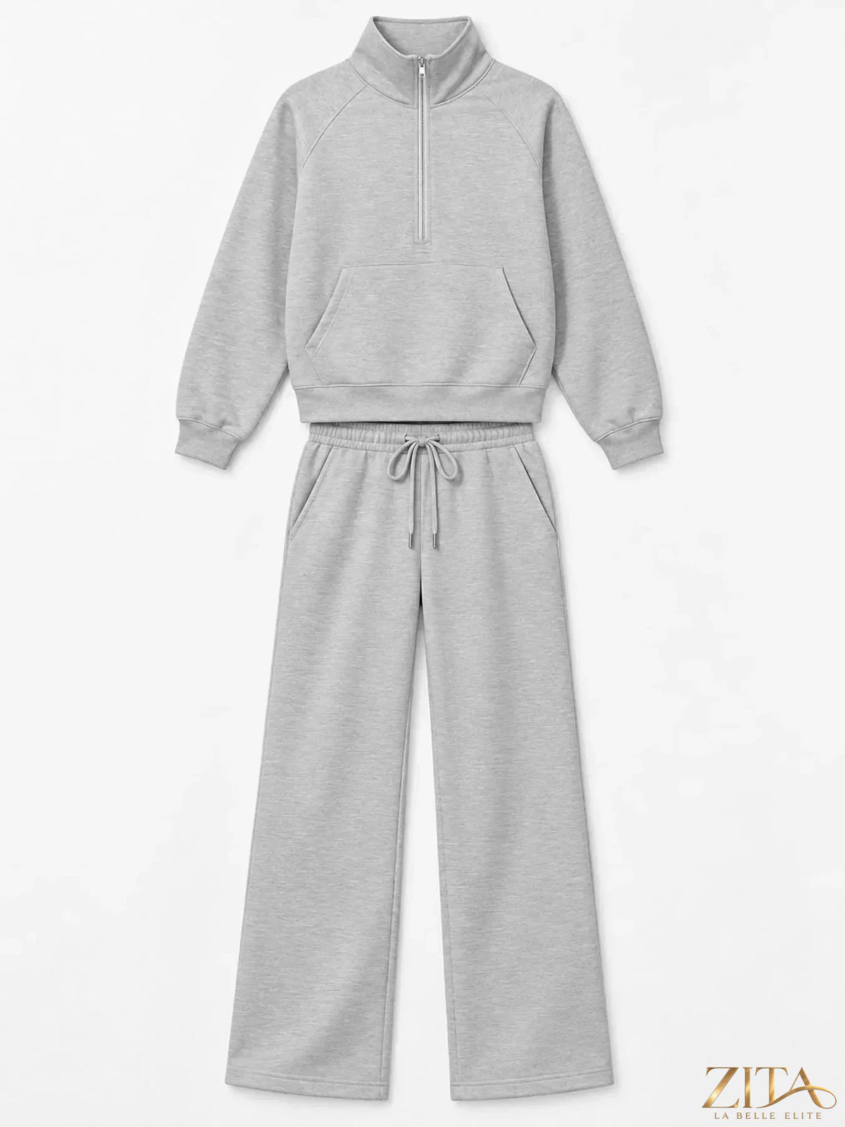 Zita La Belle Elite half-zip sweatshirt and wide-leg pants set in soft fabric, shown in a stylish, casual outfit.