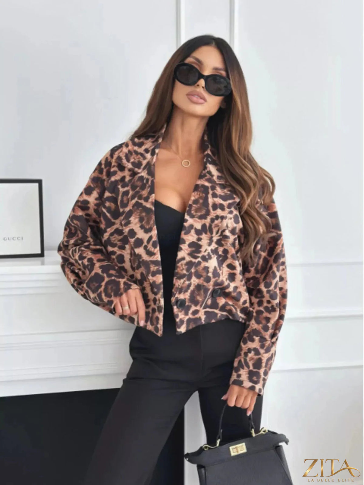 Leopard print cropped blazer by Zita La Belle Elite, featuring a tailored fit and stylish animal print fabric.
