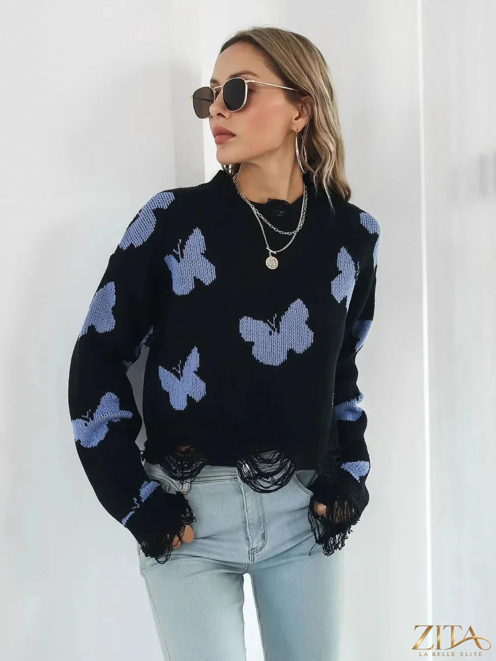 Zita La Belle Elite distressed butterfly cropped sweater with ripped details and soft knit fabric, stylish and casual for women.