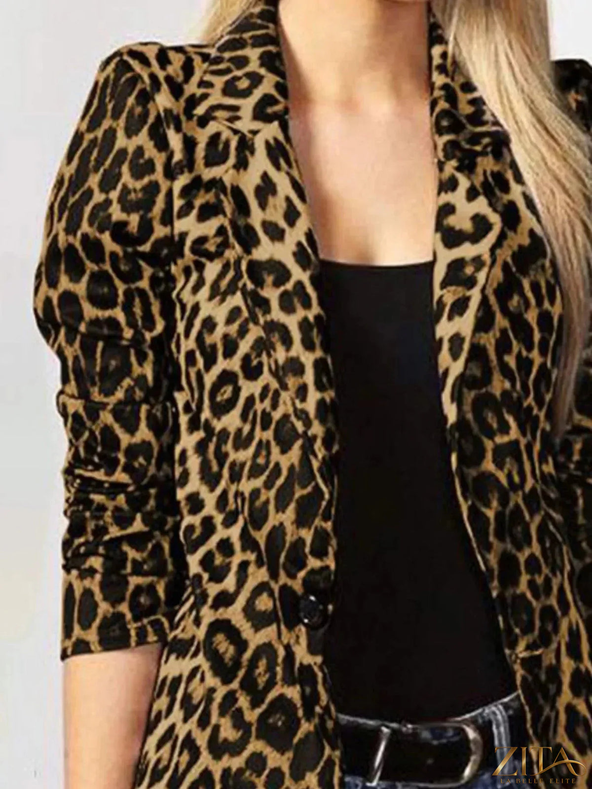 Zita La Belle Elite leopard print blazer with a single button, tailored fit, and classic lapel, styled on a mannequin.
