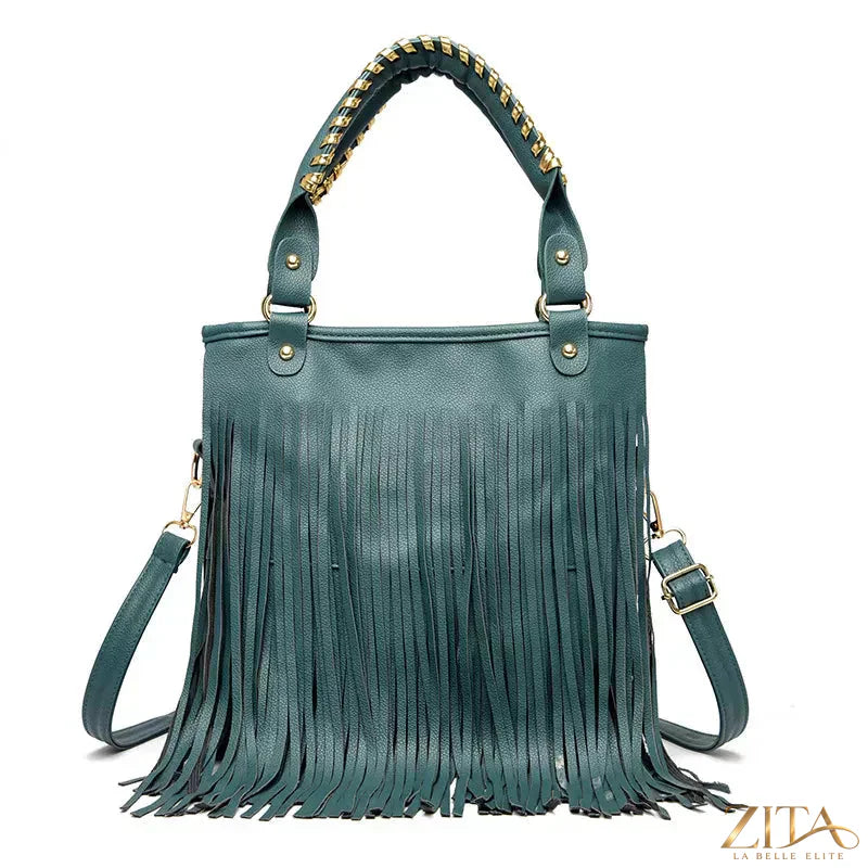 Zita La Belle Elite Fringe PU Leather Handbag with tassel details and adjustable strap, stylish accessory for casual or evening wear.