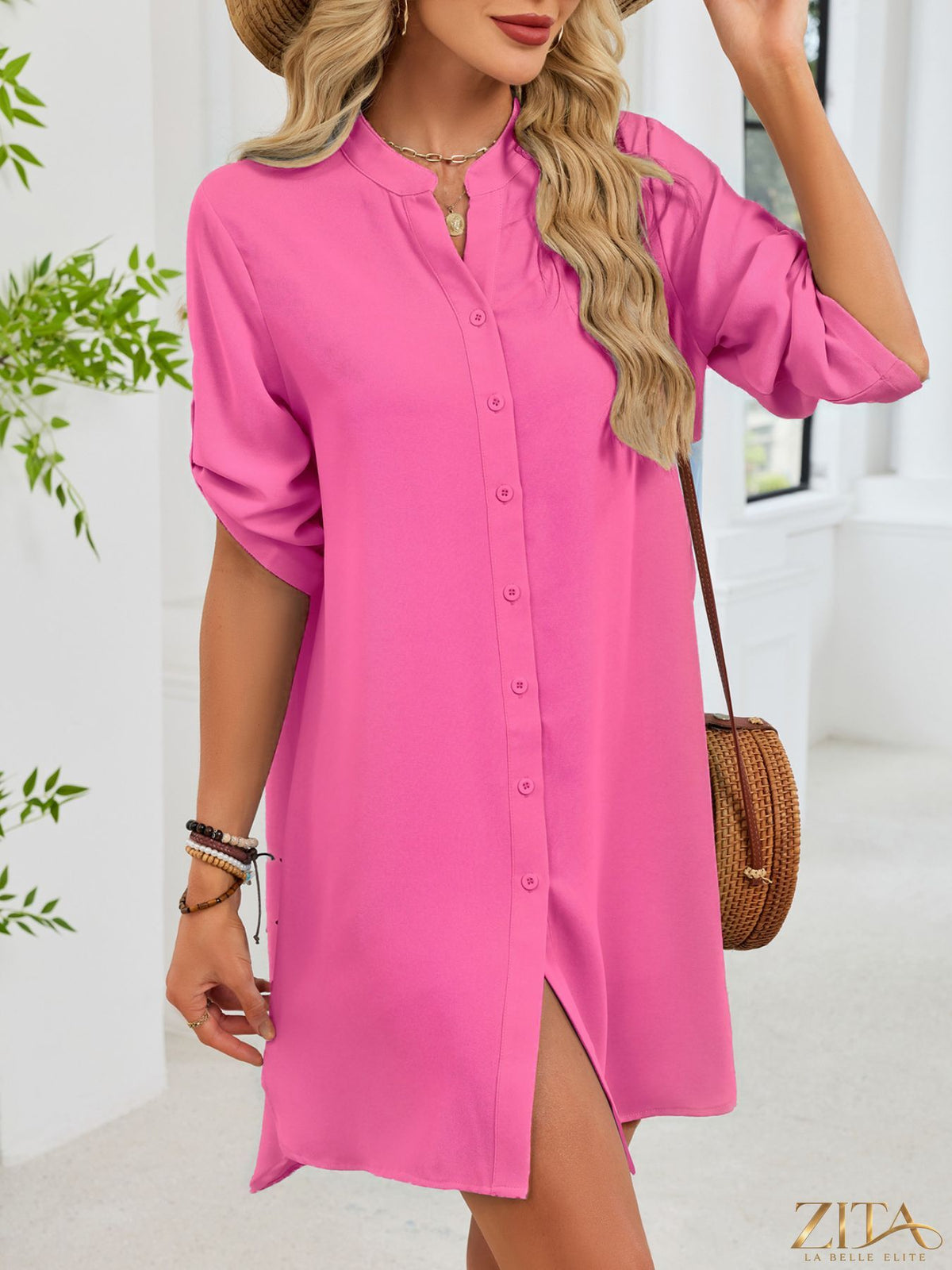 Zita La Belle Elite casual button-down shirt dress in lightweight fabric, featuring a classic collar and long sleeves.