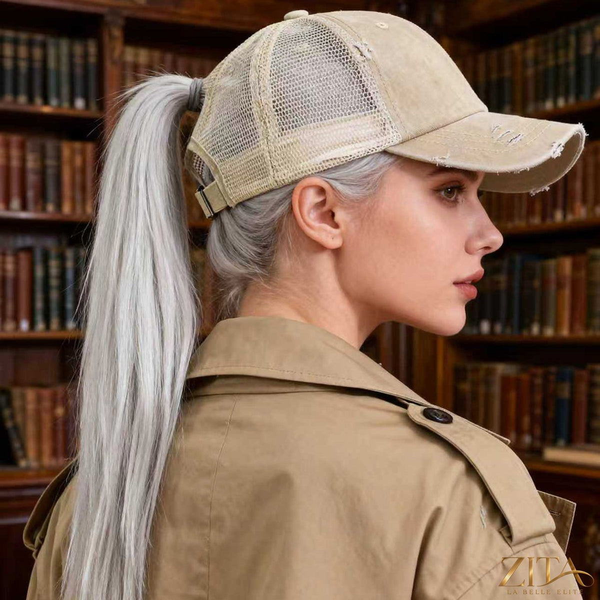 Distressed washed mesh baseball cap by Zita La Belle Elite, casual hat with breathable mesh and a worn, vintage style.