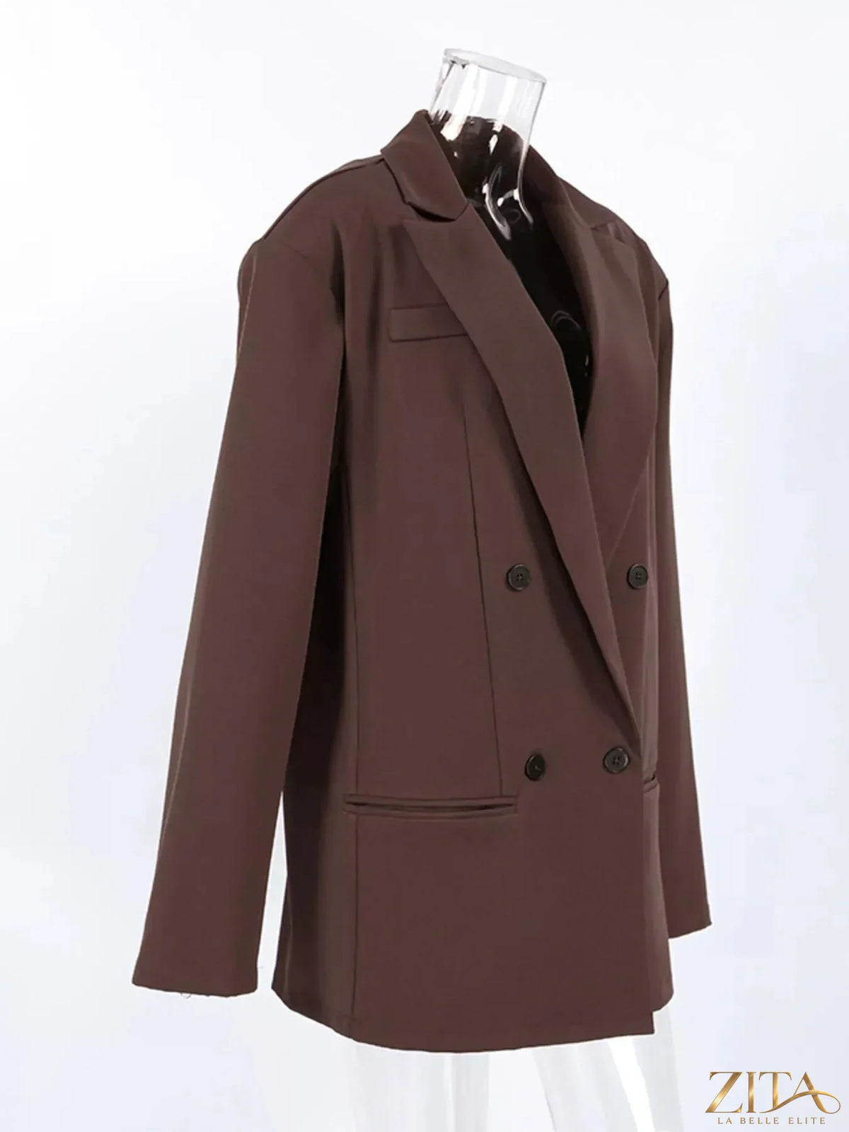 Double-breasted blazer with lapel collar in black, featuring structured design and Trendsi branding on the fabric.