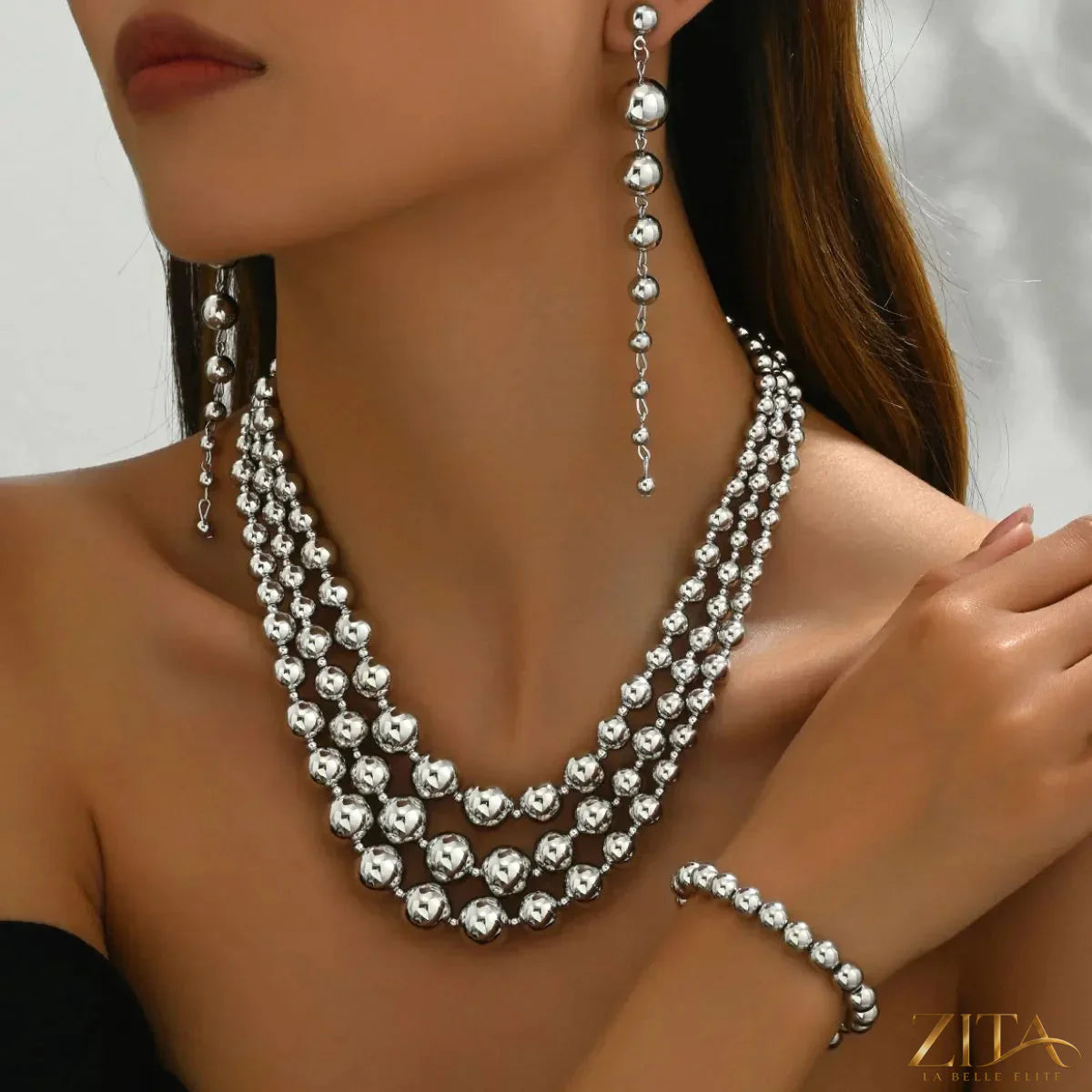 18K gold-plated layered beaded jewelry set featuring multiple beaded strands with elegant design by Zita La Belle Elite