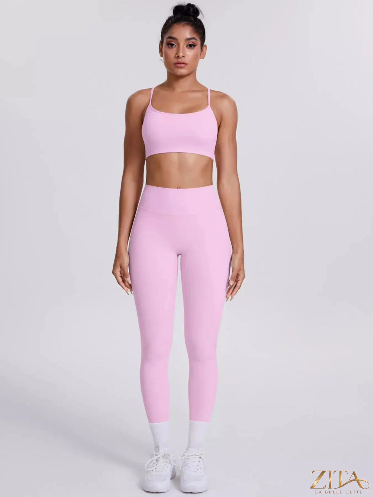 Zita La Belle Elite criss-cross back active cami top and matching black leggings set, perfect for workout or casual wear.
