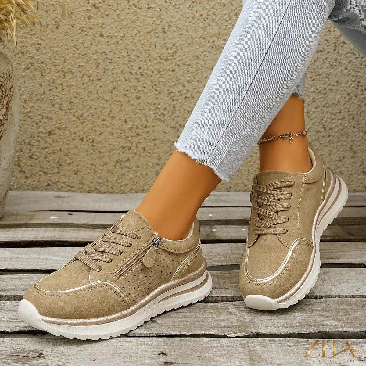 Zita La Belle Elite round toe lace-up sneakers in white with stylish design and comfortable fit, on a plain background.