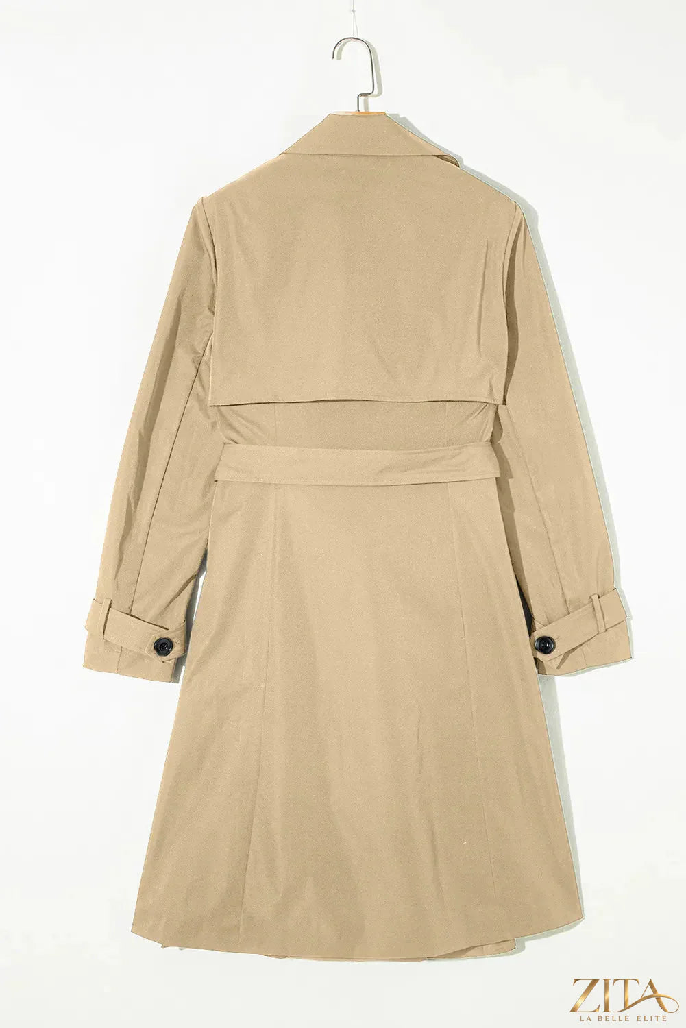 Zita La Belle Elite long sleeve trench coat with collar, tie waist, and button details, in a stylish and versatile design.