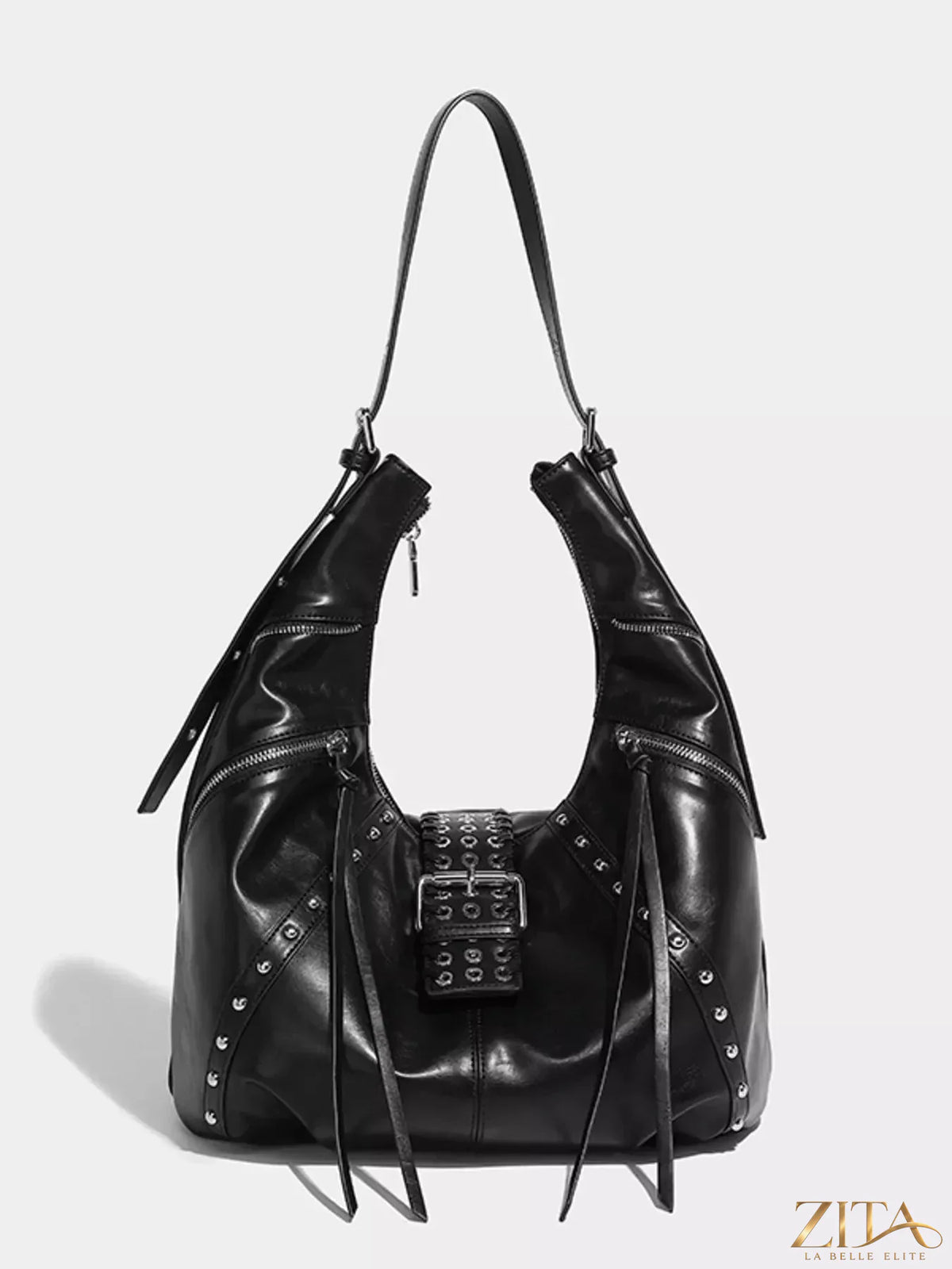 Zita La Belle Elite studded patent leather hobo shoulder bag with silver hardware and adjustable strap, stylish and spacious accessory.