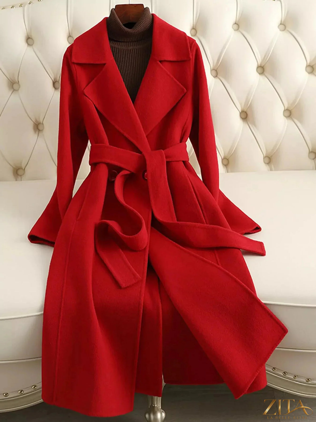 Zita La Belle Elite longline wool coat with waist-defining belt, stylish outerwear for cold weather, in a classic design.