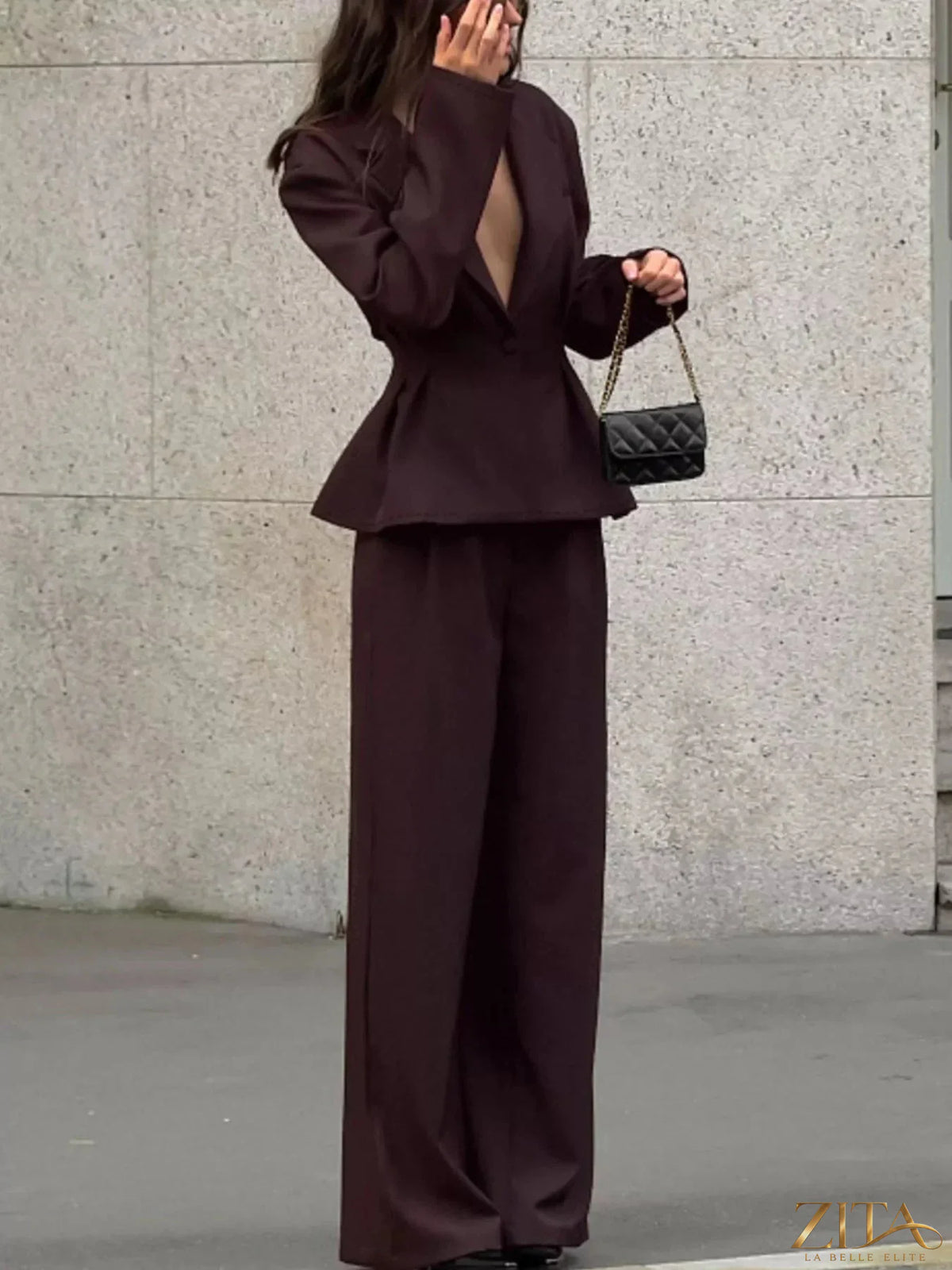 Zita La Belle Elite one-button blazer and wide-leg pants set, stylish tailored suit for women, shown on a model.