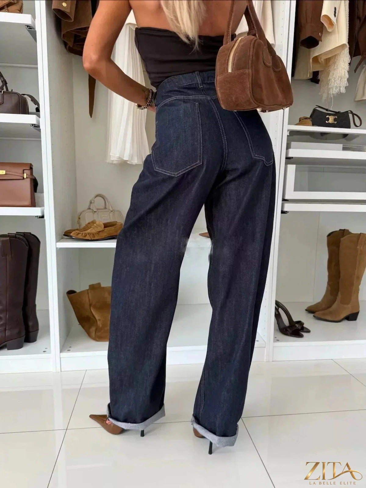 Zita La Belle Elite single-breasted blazer and denim jeans set, stylish matching outfit for women, shown on a model.