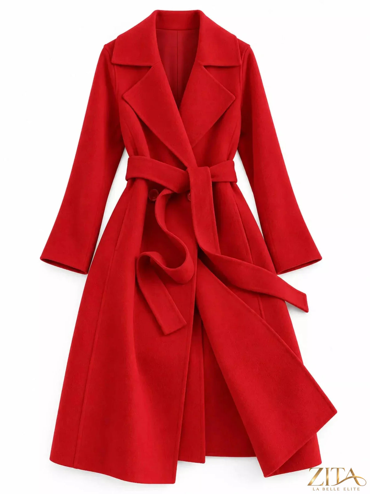 Zita La Belle Elite longline wool coat with waist-defining belt, stylish outerwear for cold weather, featuring a sleek, tailored design.
