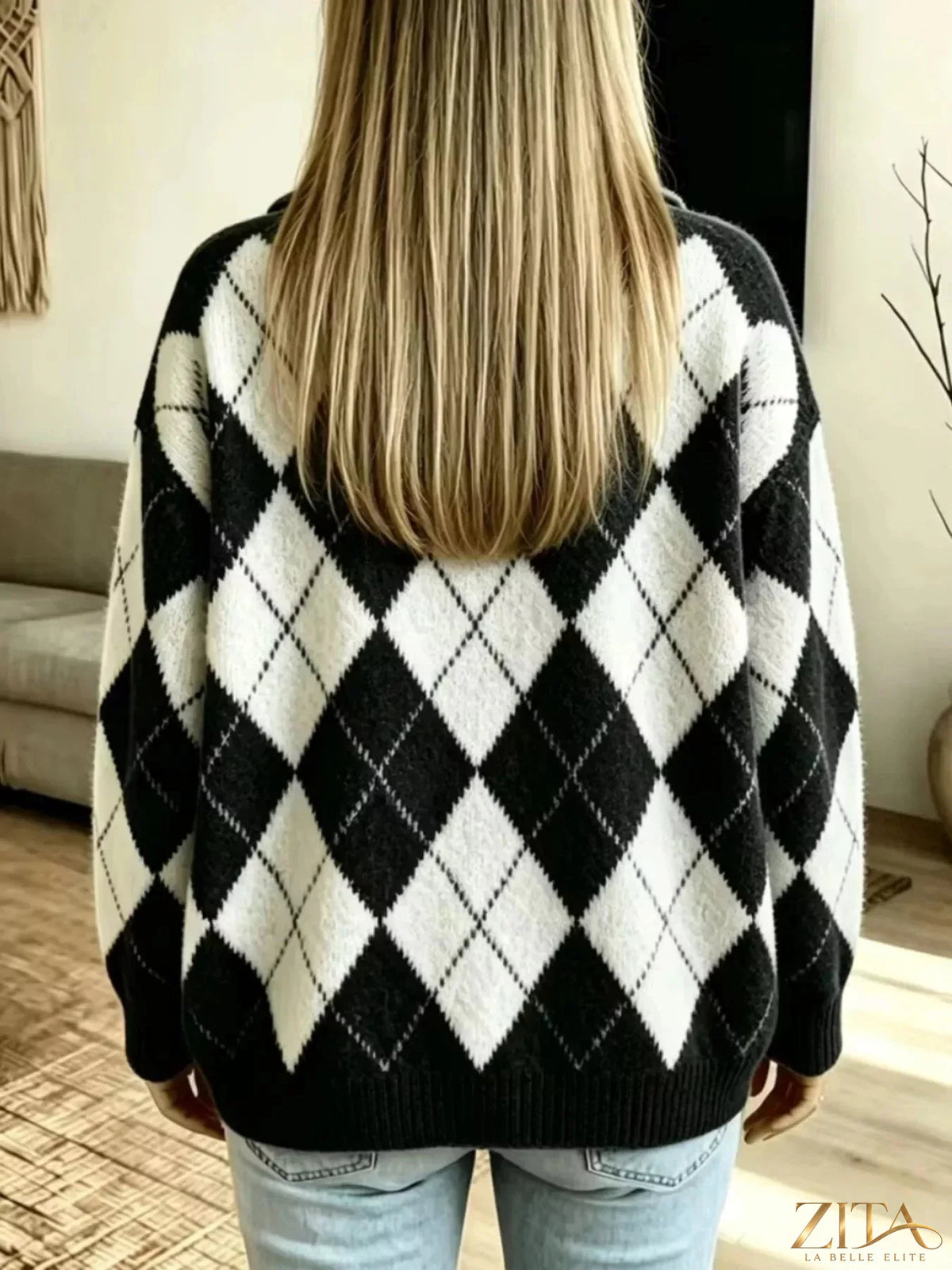 Zita La Belle Elite argyle pattern collared pullover sweater with ribbed cuffs and hem, in classic colors, on a white background.