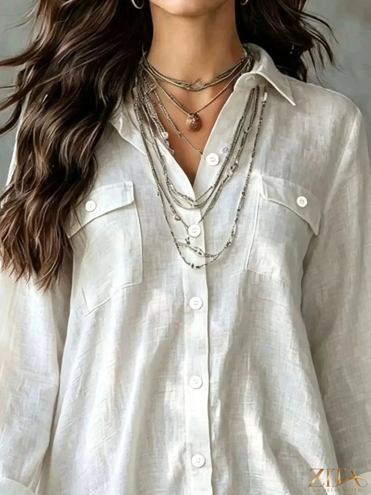 Zita La Belle Elite casual linen shirt dress with pockets, featuring a relaxed fit and natural fabric in a neutral color.