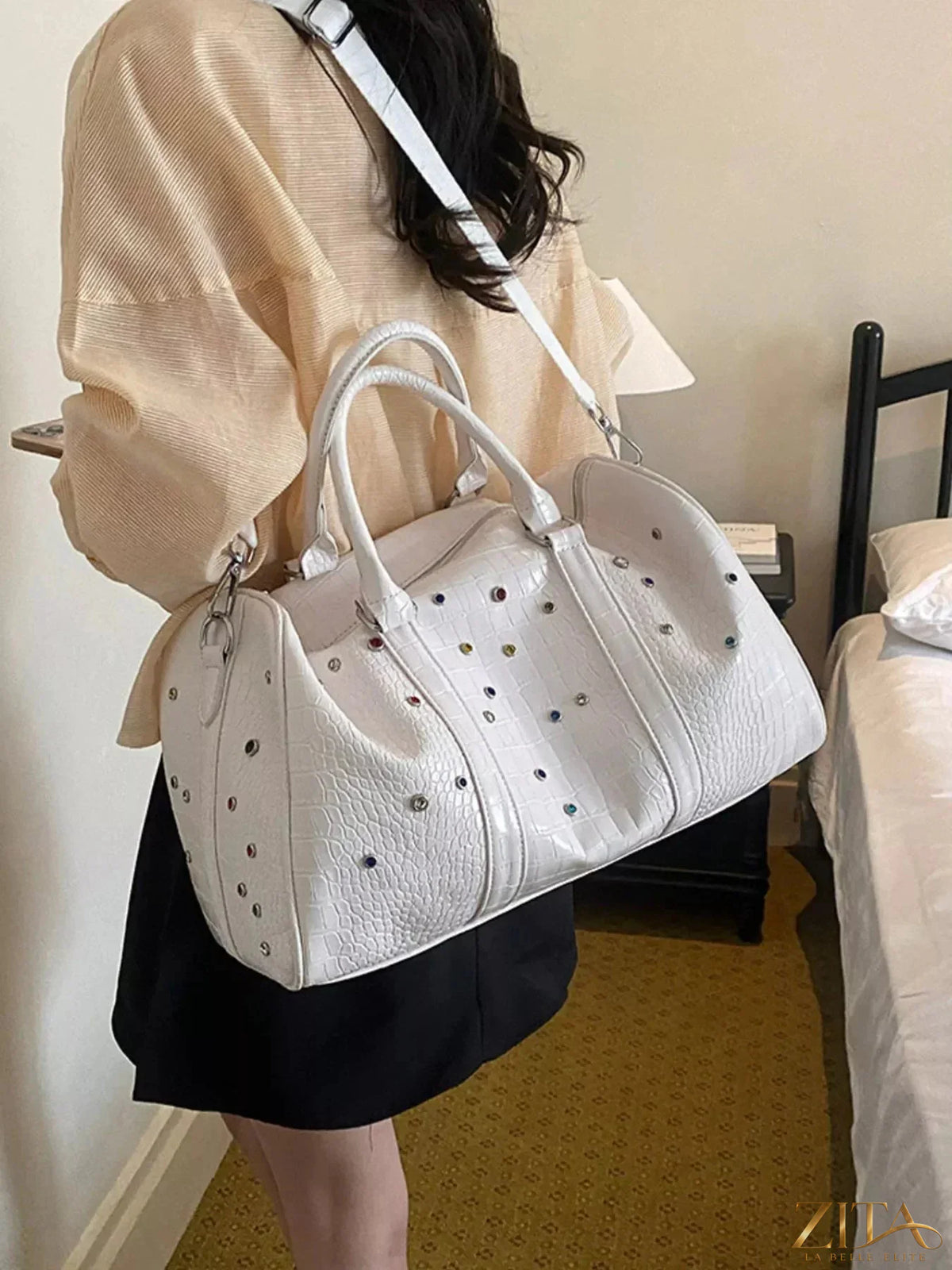 Crocodile embossed Zita La Belle Elite travel bag with studded accents, featuring sturdy handles and multiple compartments