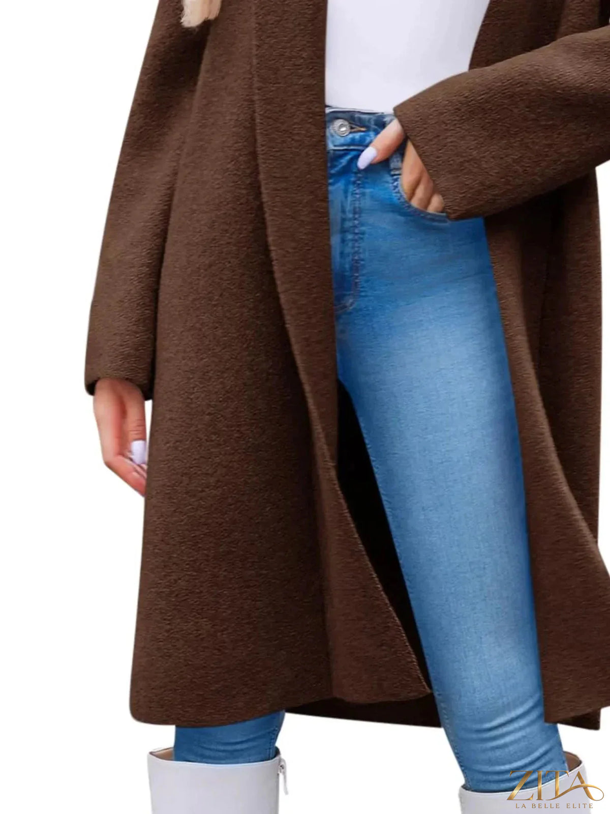 Open front longline coat by Zita La Belle Elite featuring a sleek design and tailored fit, shown in a stylish neutral color.