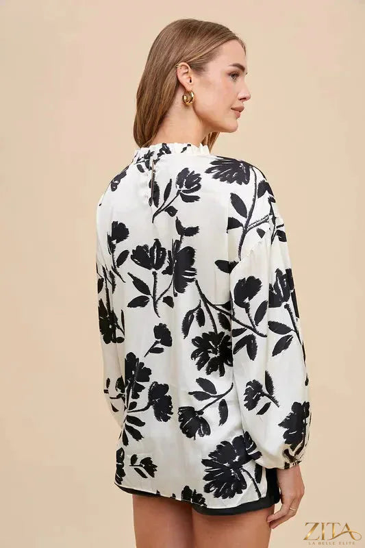 Zita La Belle Elite Annie Wear frill printed balloon sleeve blouse featuring colorful floral print and ruffled details.