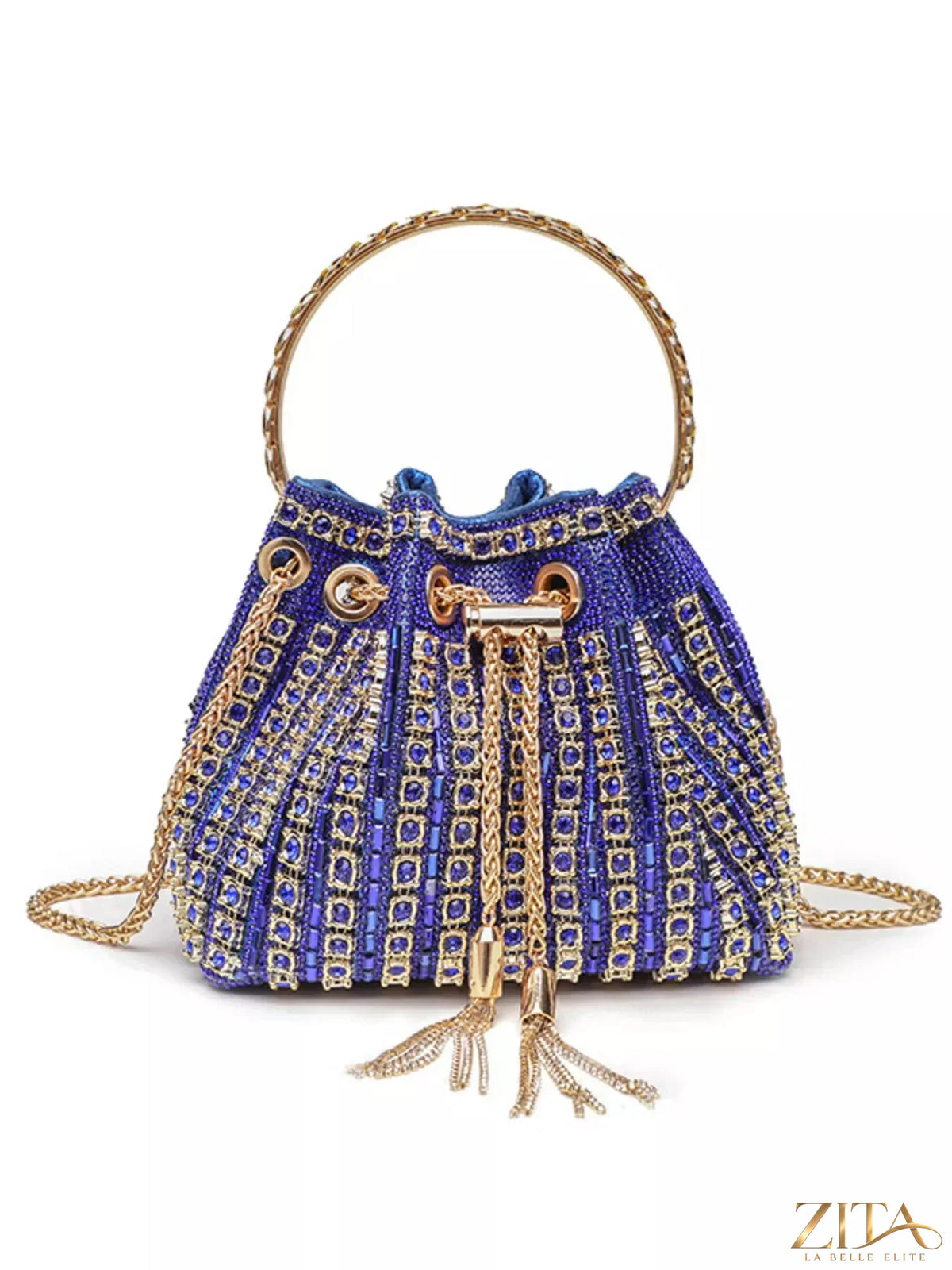 Zita La Belle Elite holiday party rhinestone embellished bucket crossbody handbag with sparkling details and a stylish design.