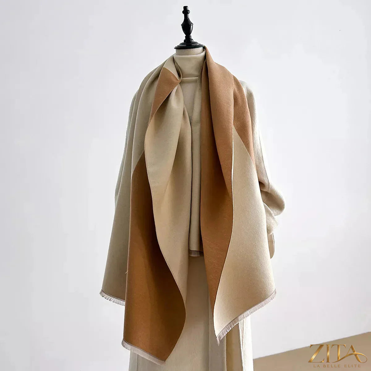Two-tone raw hem scarf by Zita La Belle Elite featuring soft fabric and stylish fringed edges for a chic accessory.