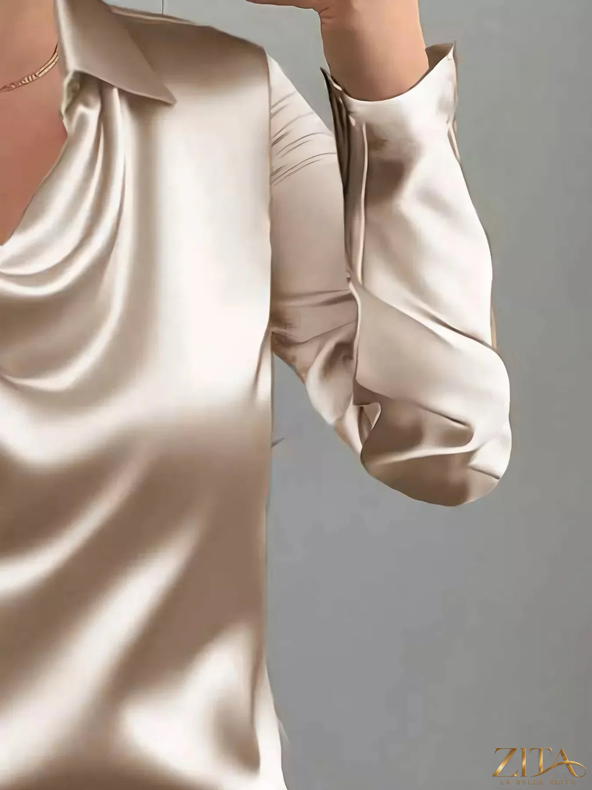 Zita La Belle Elite satin long sleeve blouse with a collared neck, stylish and elegant for sophisticated office or evening wear.