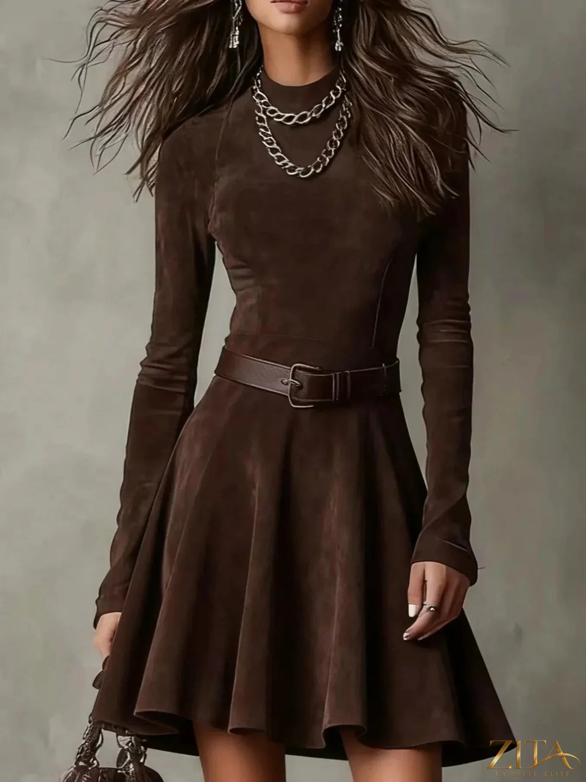 Zita La Belle Elite mock neck A-line dress in solid color with long sleeves and a fitted waist, perfect for stylish casual wear.