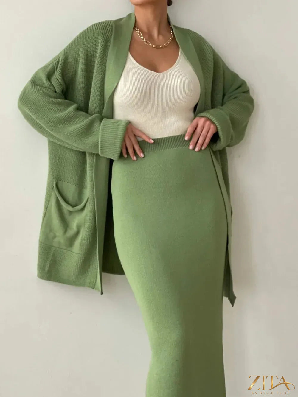 Zita La Belle Elite pocketed long sleeve cardigan and skirt sweater set, featuring a cozy knit fabric in neutral tones