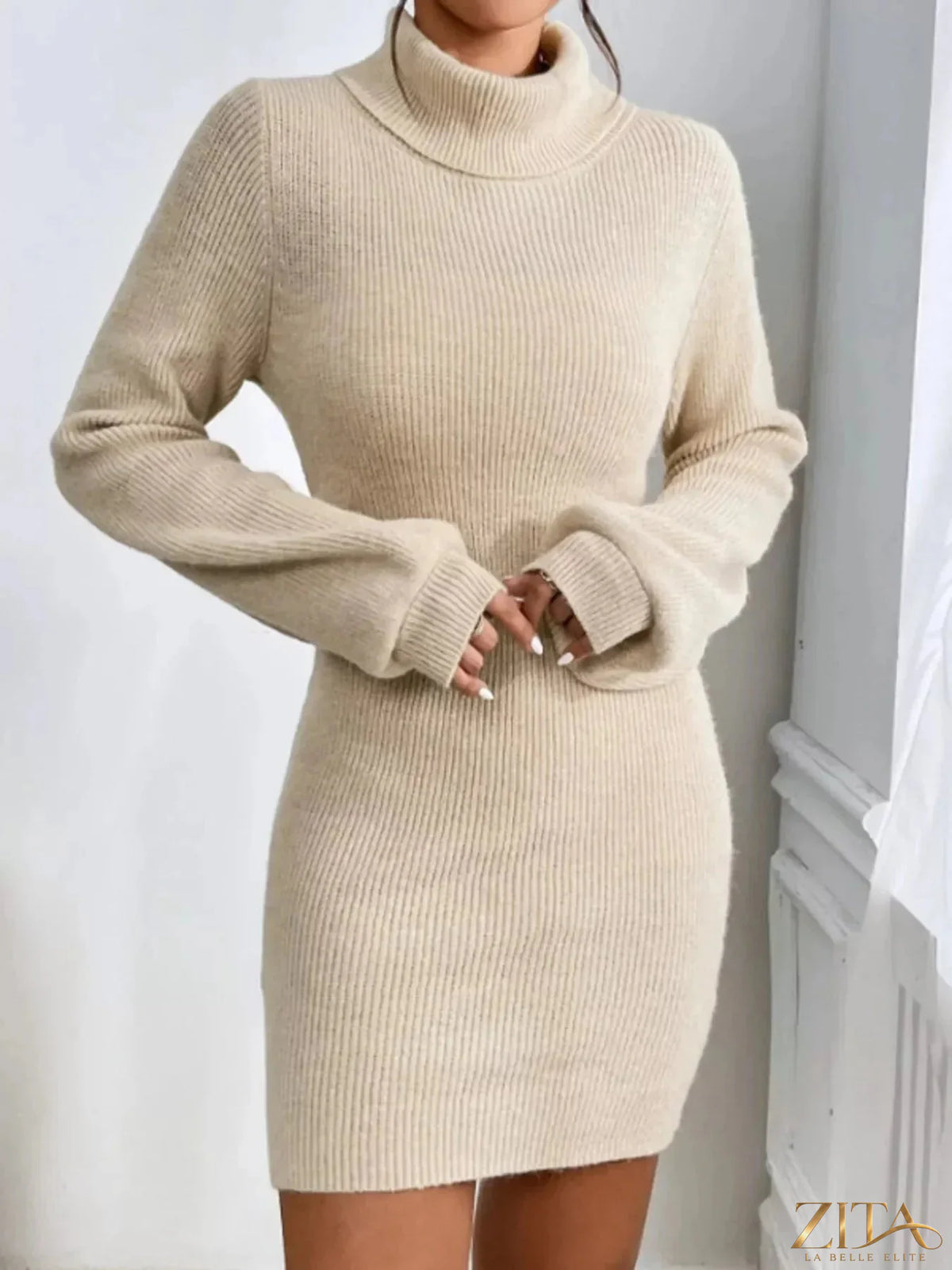Ribbed knit turtleneck sweater dress by Trendsi, featuring a fitted silhouette and long sleeves, perfect for casual or chic wear.